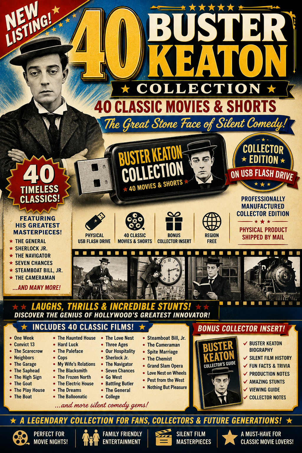 Buster Keaton Collection – 40 Classic Movies & Shorts on Physical USB Drive