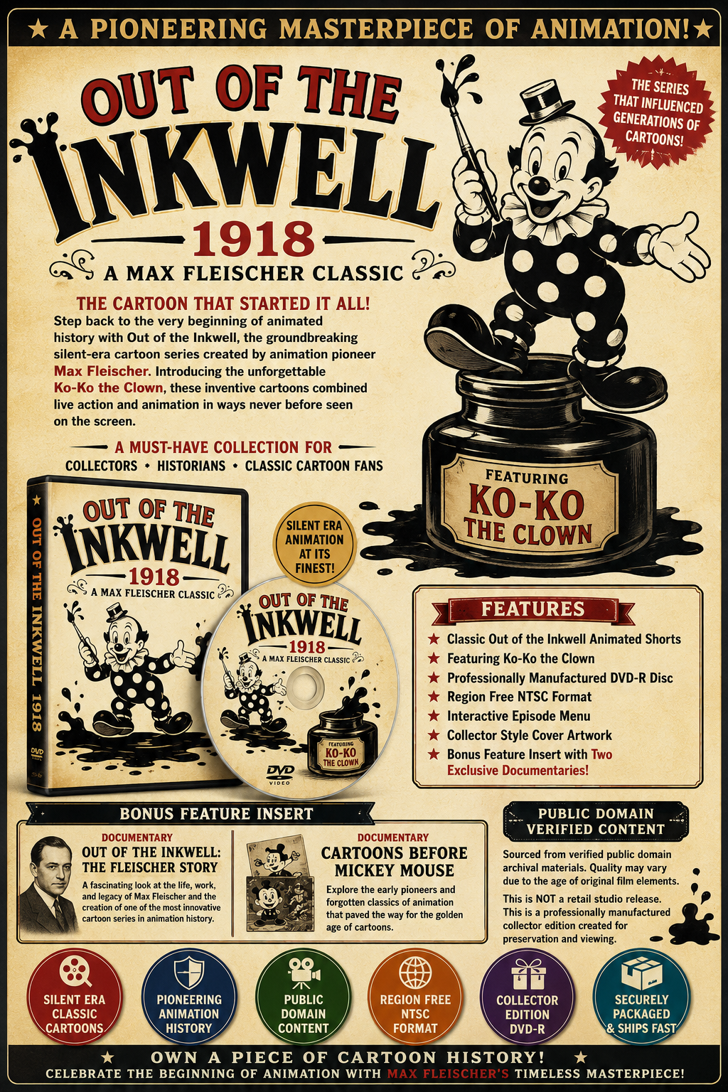 Max Fleischer Out of the Inkwell 1918 Classic Cartoon Collection DVD Bonus Feat.