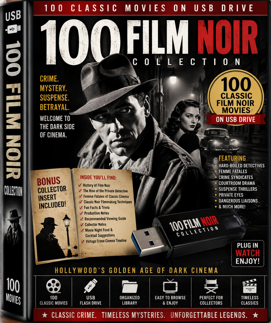 100 ClassicPublic Domain Film Noir Collection on USB Drive | Crime, Mystery