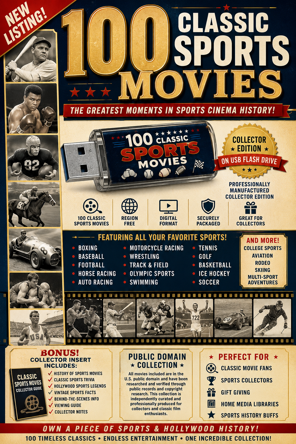 100 Classic Sports Movies Collection on USB – Rare Vintage Sports PUBLIC DOMAIN