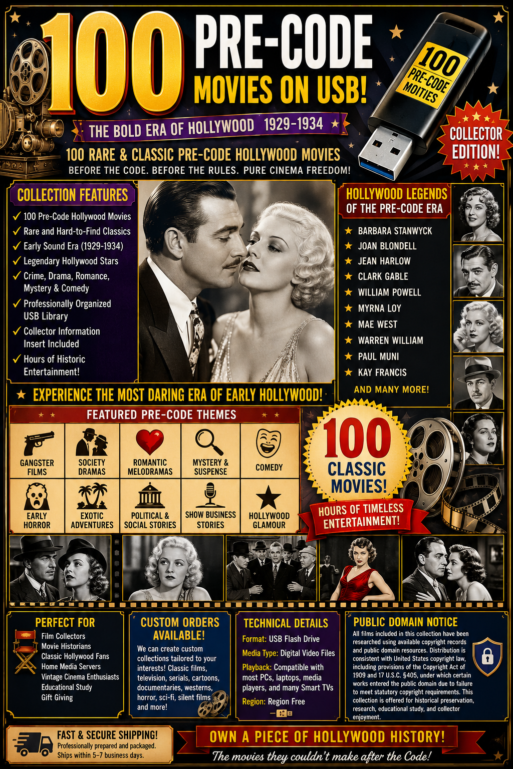 100 Pre-Code Movies on USB Drive | Rare Hollywood Classics 1929–1934 | Collector