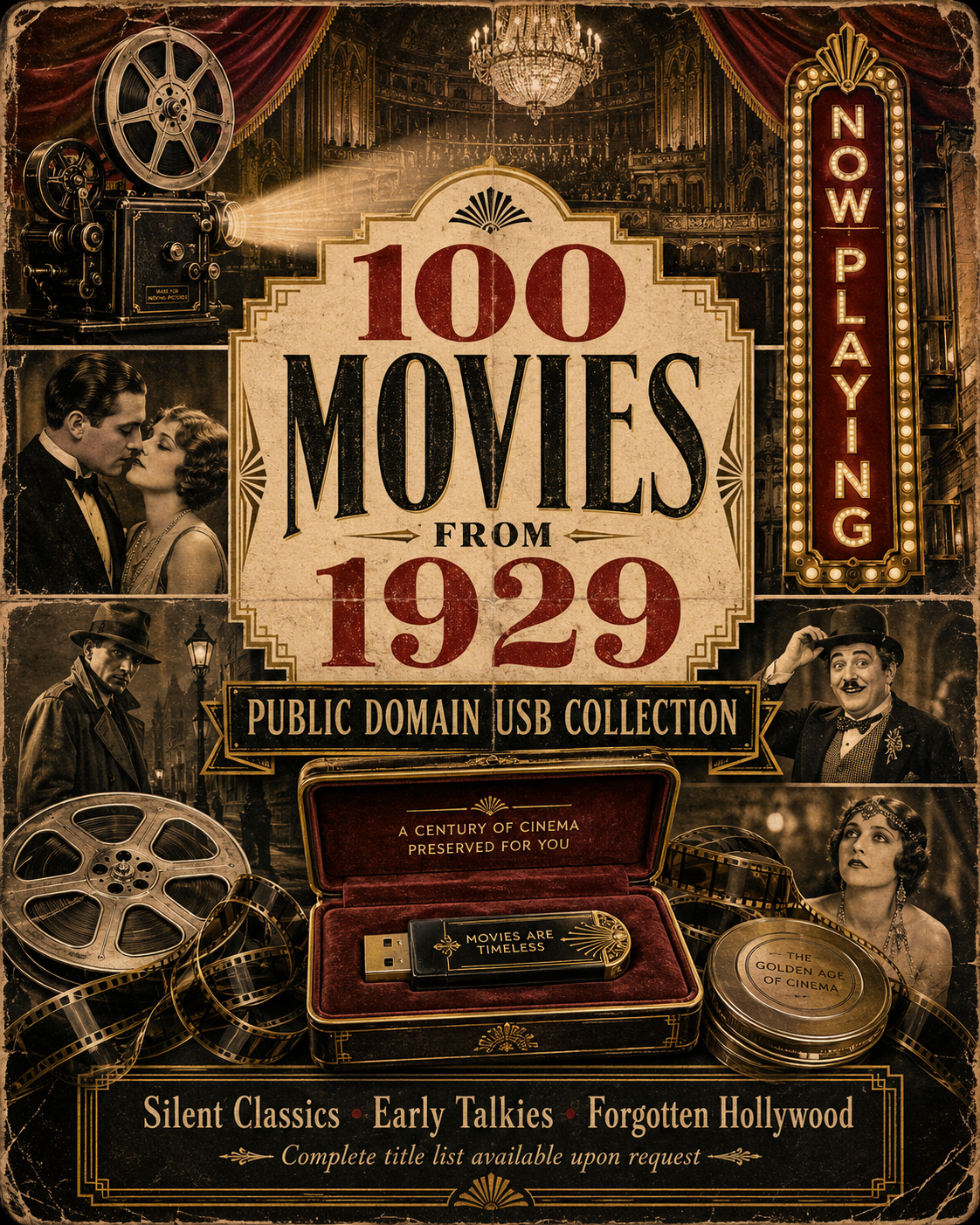 100 Public Domain Movies 1929 USB Silent Films Early Talkies Classic Cinema
