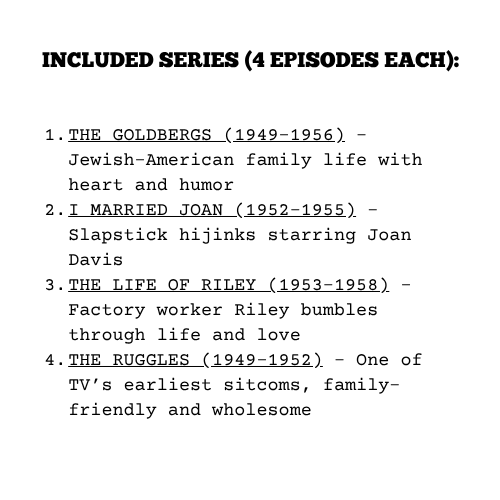 Golden Age Sitcom Sampler DVD | Goldbergs, Riley, I Married Joan – 16 Episodes