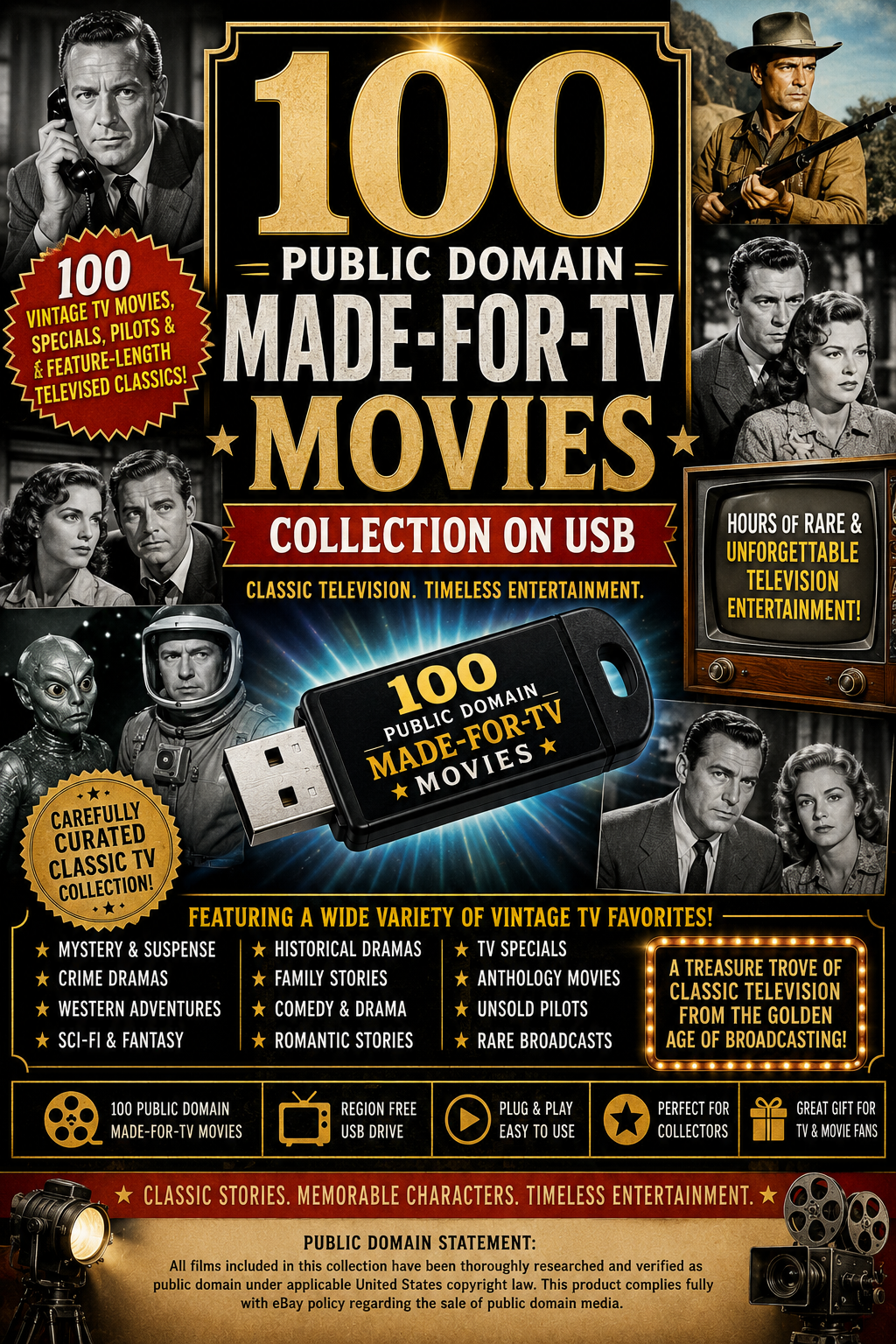 100 Public Domain Made-for-TV Movies Collection on USB