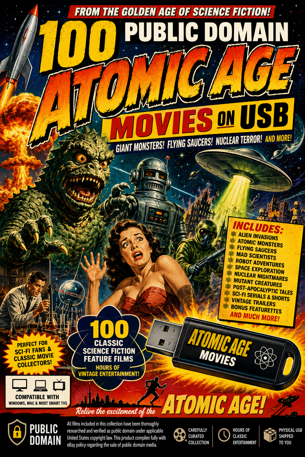 100 Public Domain Atomic Age Movies on USB