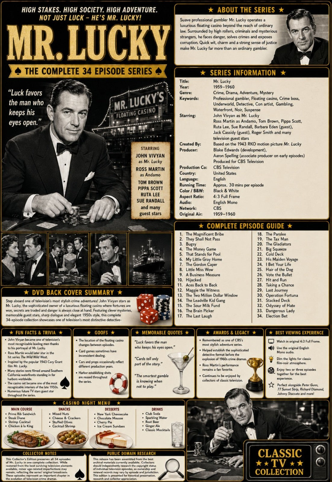 Mr. Lucky (1959) Classic TV Series DVD – Complete 34 Episodes