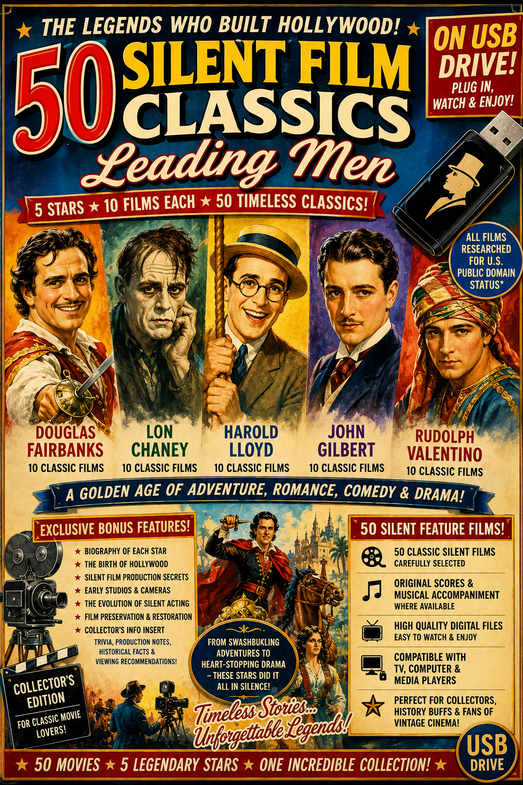 50 Silent Film Classics on USB Drive | Leading Men of Silent Hollywood |
