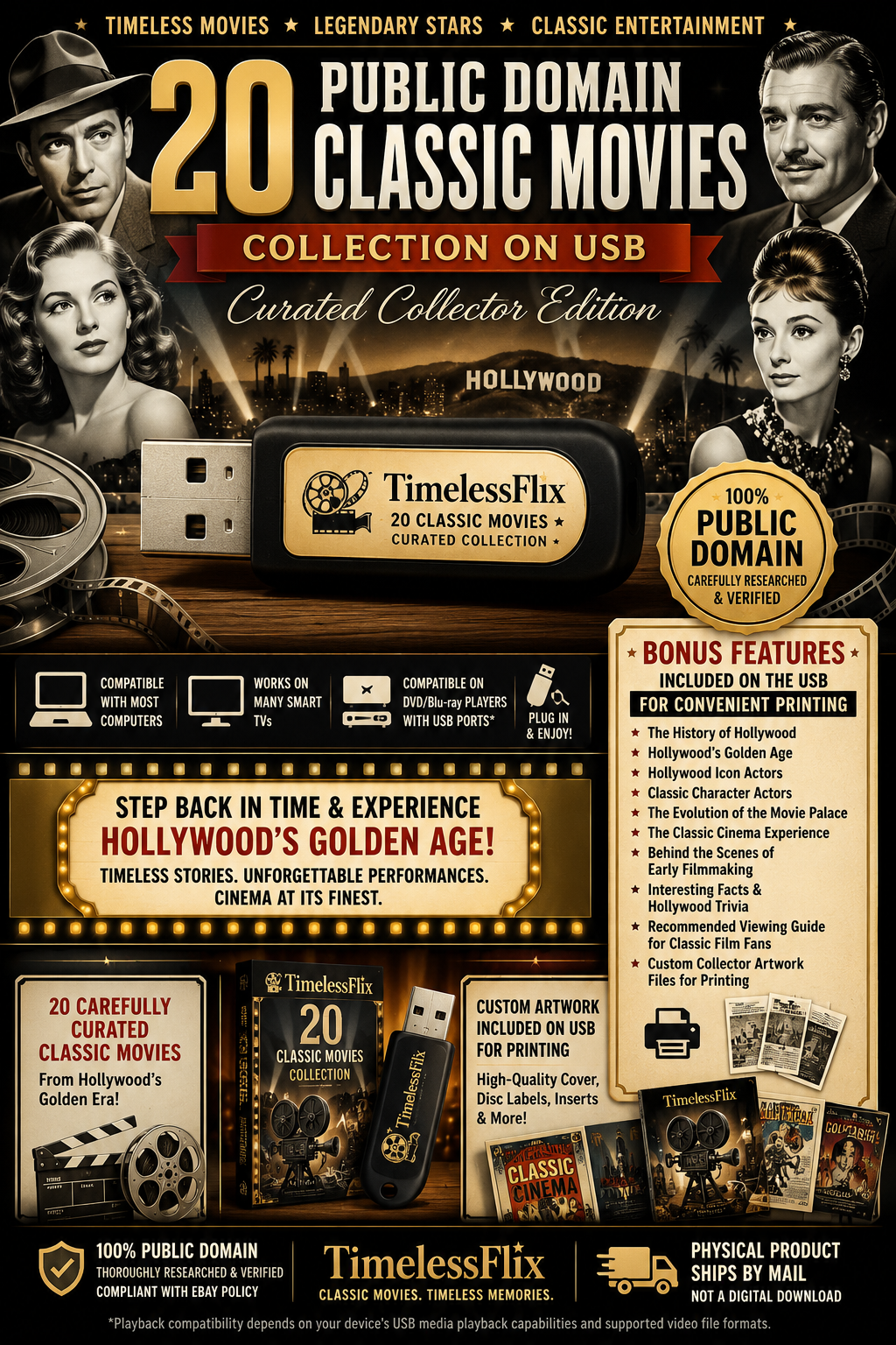 20 Public Domain Classic Movies Collection on USB – Curated Collector Edition