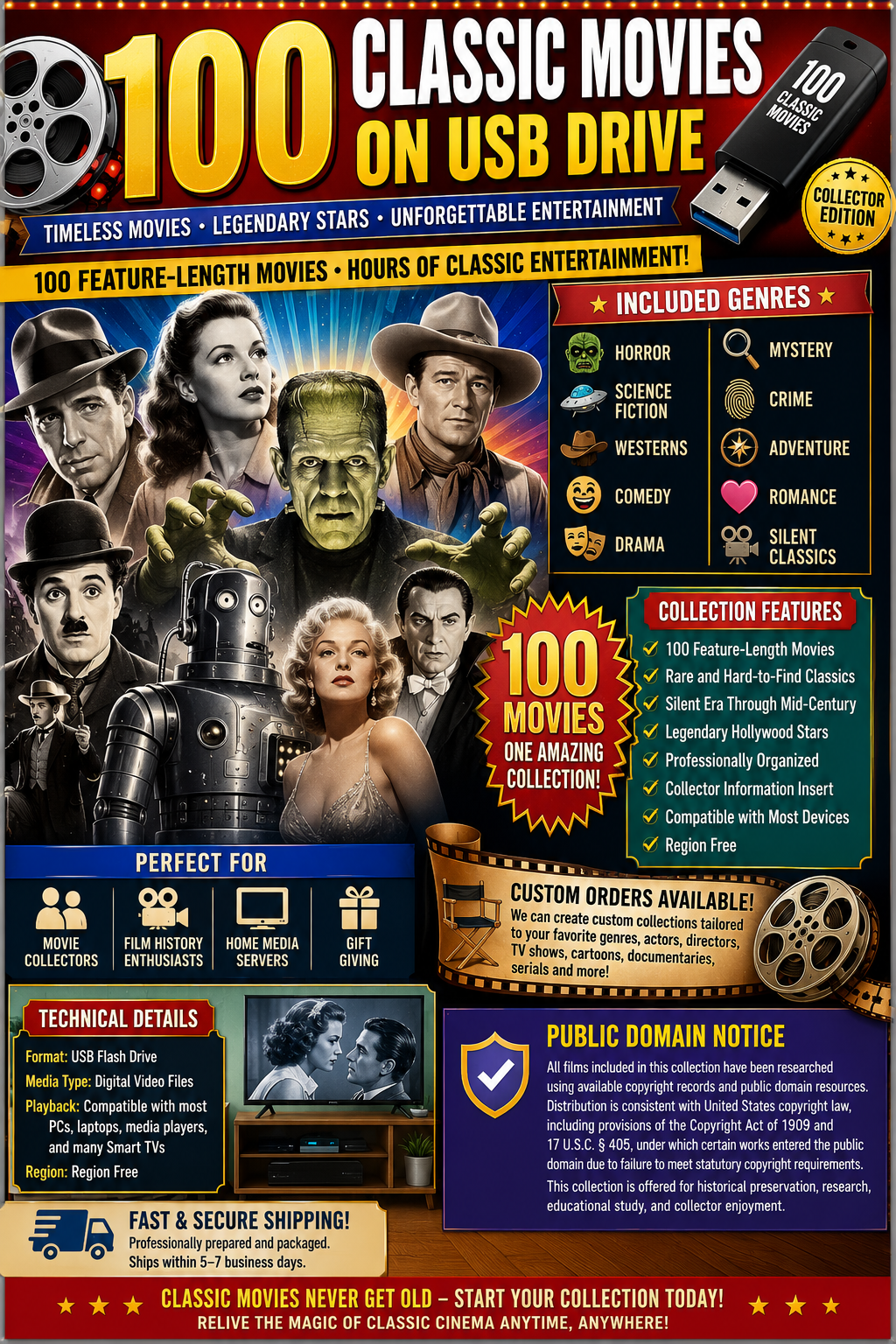 100 Classic Movies on USB Drive | PUBLIC DOMAIN COLLECTION