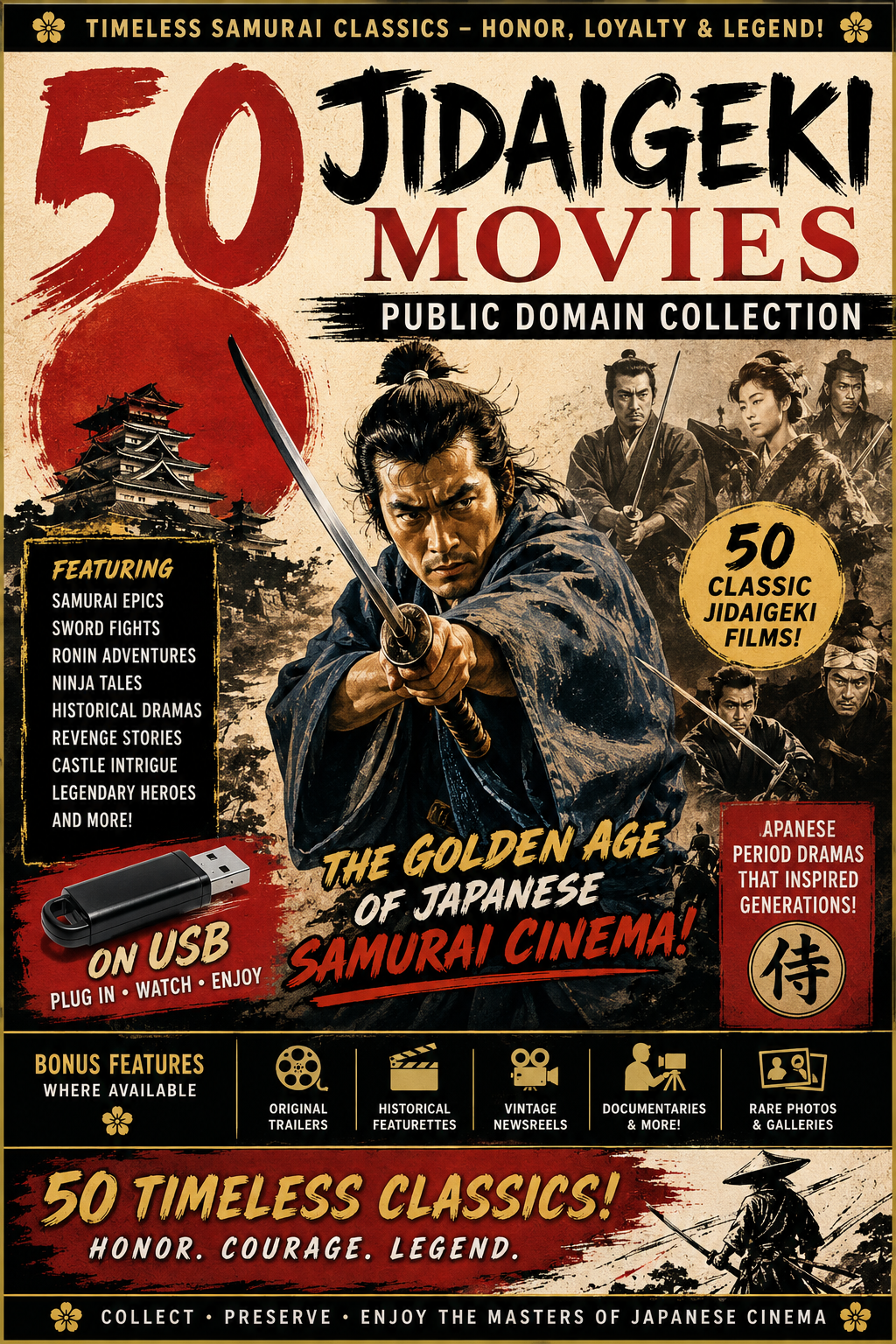 50 Public Domain Jidaigeki Movies Collection on USB – Samurai