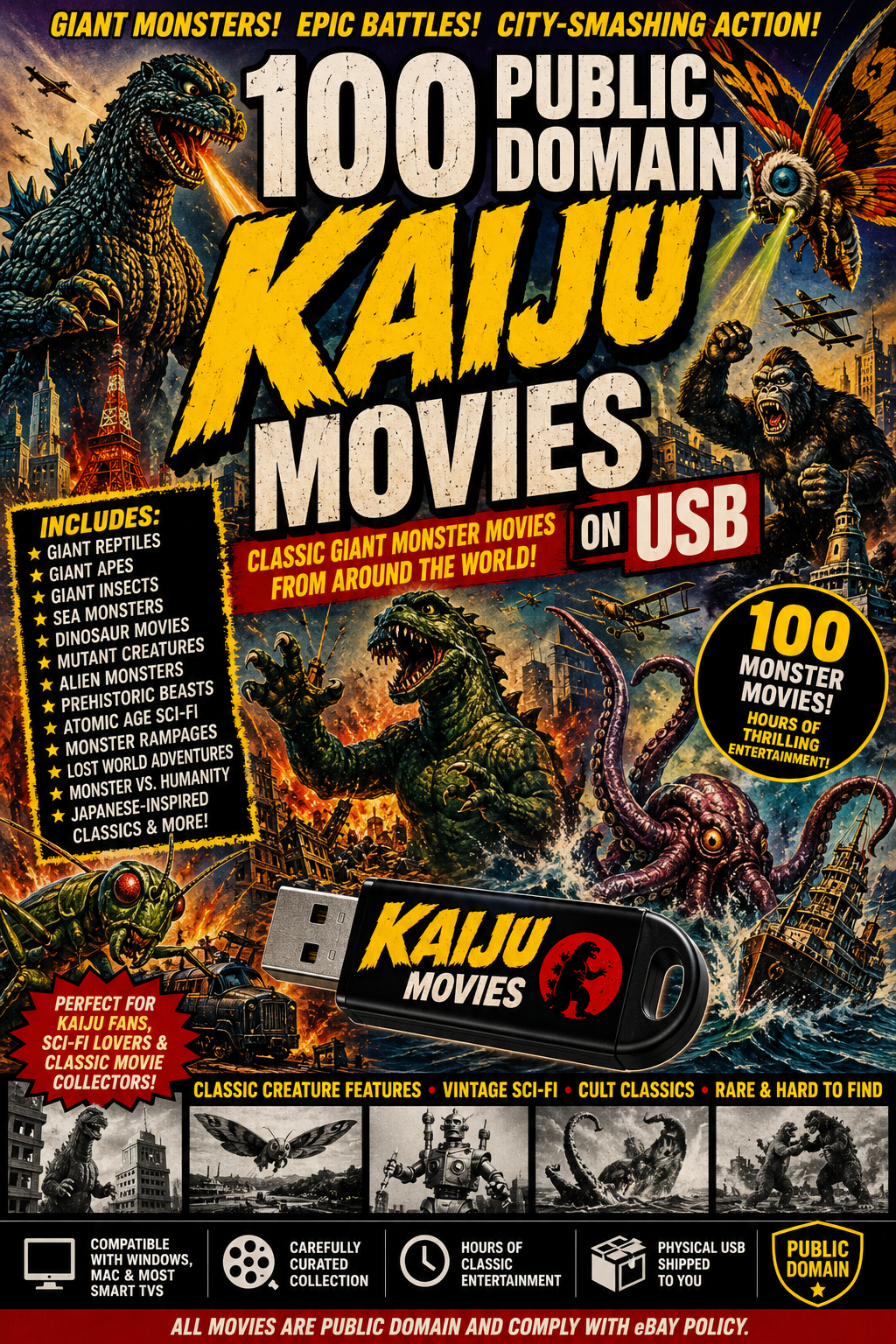 100 Public Domain Kaiju Movies on USB
