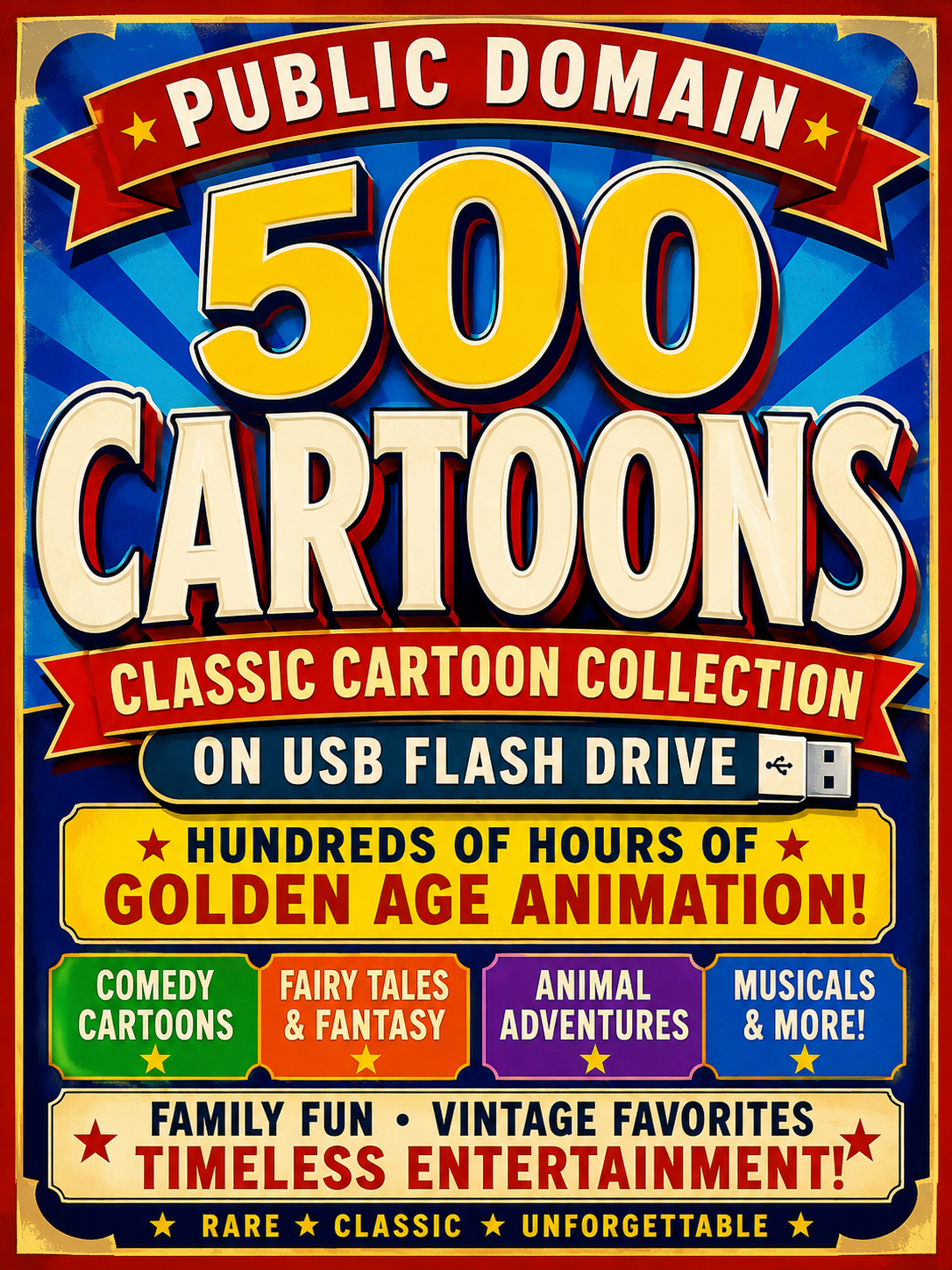 500 Public Domain Classic Cartoons Collection on USB Flash Drive