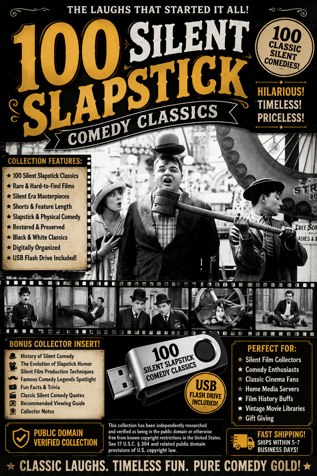 100 Silent Slapstick Comedy Classics on USB Drive | Silent Film Collection |