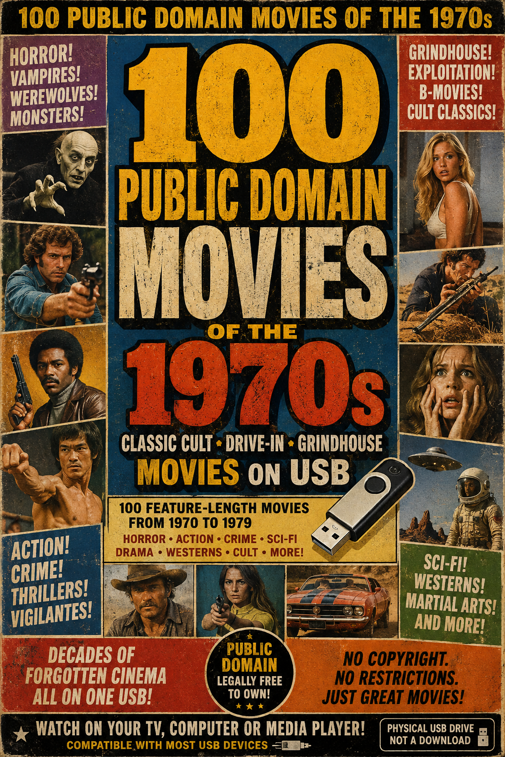 100 Public Domain Movies of the 1970s Classic Cult Drive-In Horror Films USB