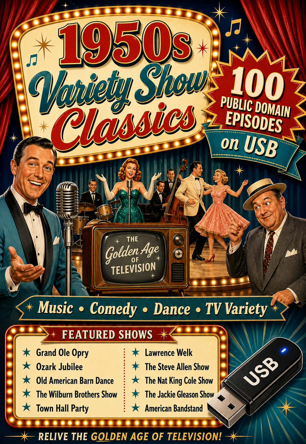 1950s Variety Show Classics 100 Episodes Public Domain TV USB Music Comedy