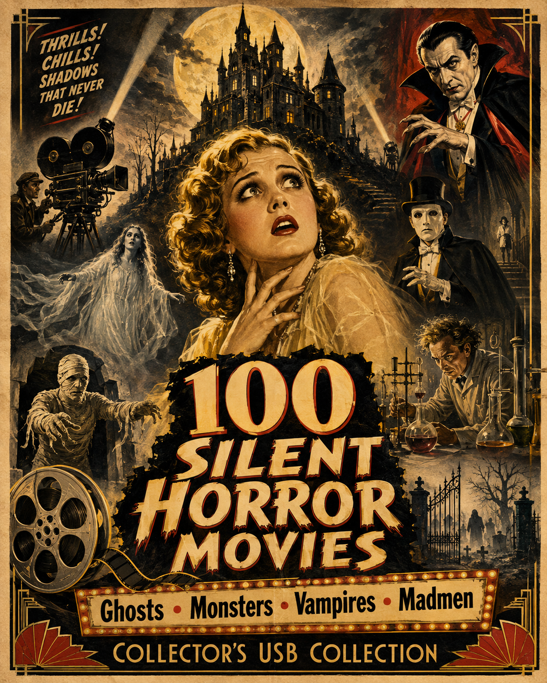 100 Silent Horror Movies Public Domain USB Classic Gothic Macabre Horror Films
