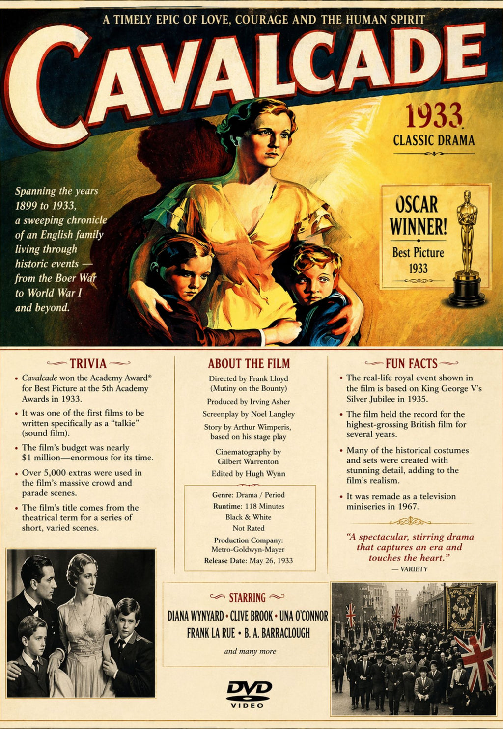 Cavalcade 1933 Historical Drama Film DVD With Cover Art Oscar Winning