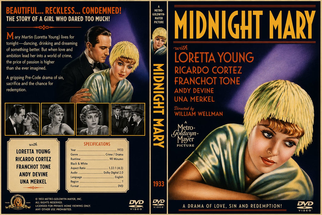 Midnight Mary 1933 Pre Code Crime Drama Film DVD With Cover Art Loretta Young